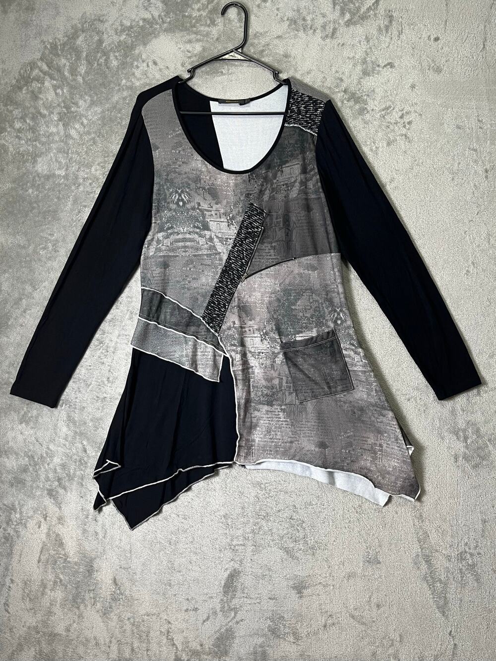 Radzoli Asymmetrical Patchwork Tunic Top Lagenlook Deconstructed Long Sleeve L